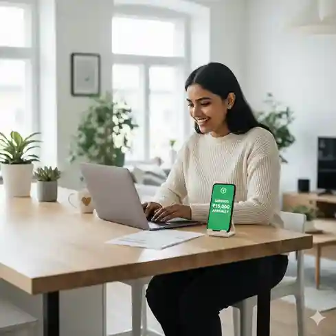 Happy professional reviewing car and renters insurance bundle savings on laptop at home with smartphone showing discount notifications